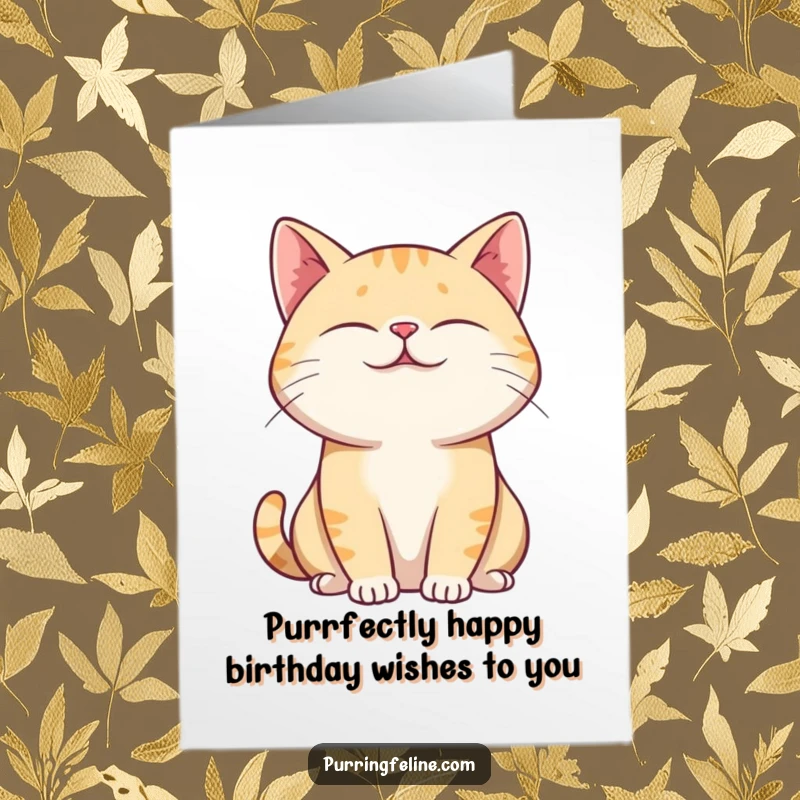 Free Printable Birthday Card: Contented purring cat with closed eyes, relaxed posture, wishing a happy birthday.