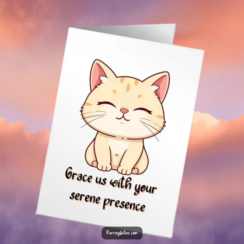 Free Printable Birthday Card: Serene cat with a subtle, peaceful smile, radiating tranquility and birthday cheer.