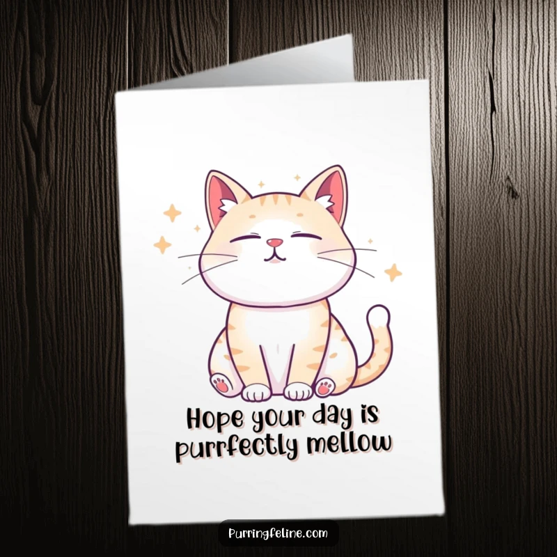 Free Printable Birthday Card: Calm cat radiating gentle sound waves, symbolizing peace and birthday blessings.