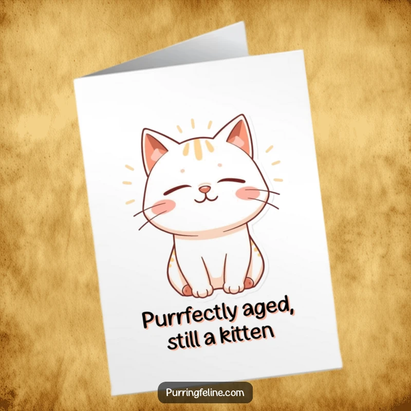 Funny Free Printable Birthday Card: Blissful cat with closed eyes smiling, emitting gentle happy vibrations, perfect for gifting.