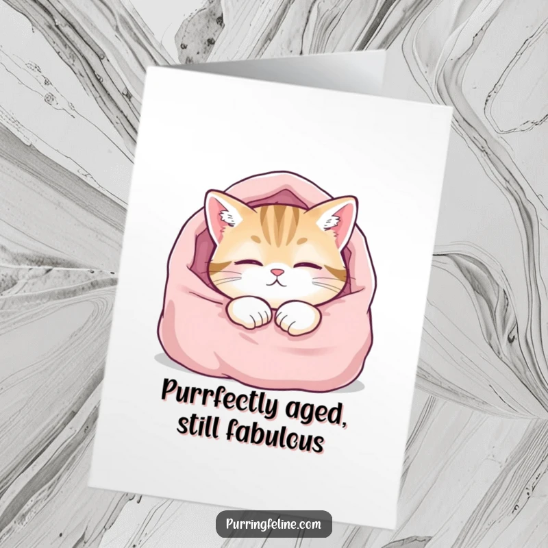 Funny Free Printable Birthday Card featuring a content cat napping peacefully in a soft blanket, eyes blissfully half-closed.