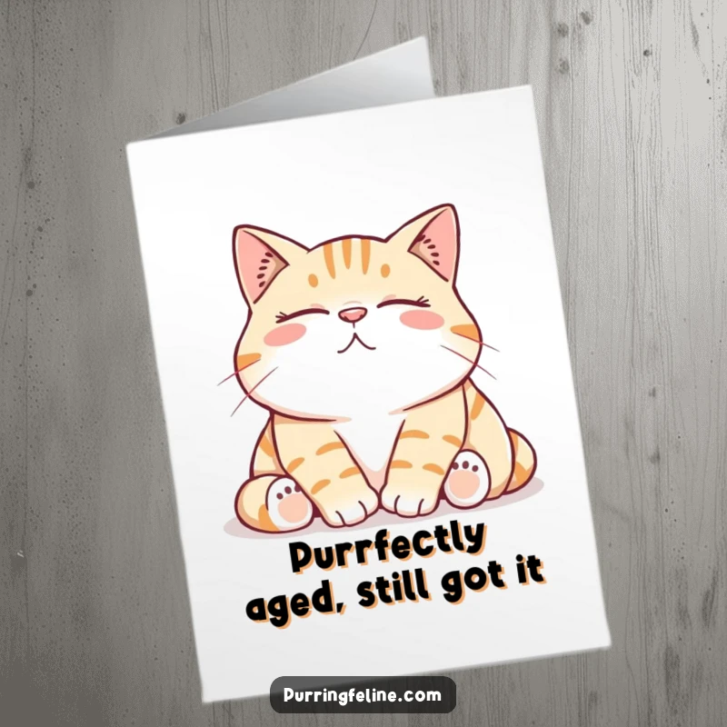 Funny Free Printable Birthday Card featuring a comfortable cat with a low contented rumble, ready to celebrate.