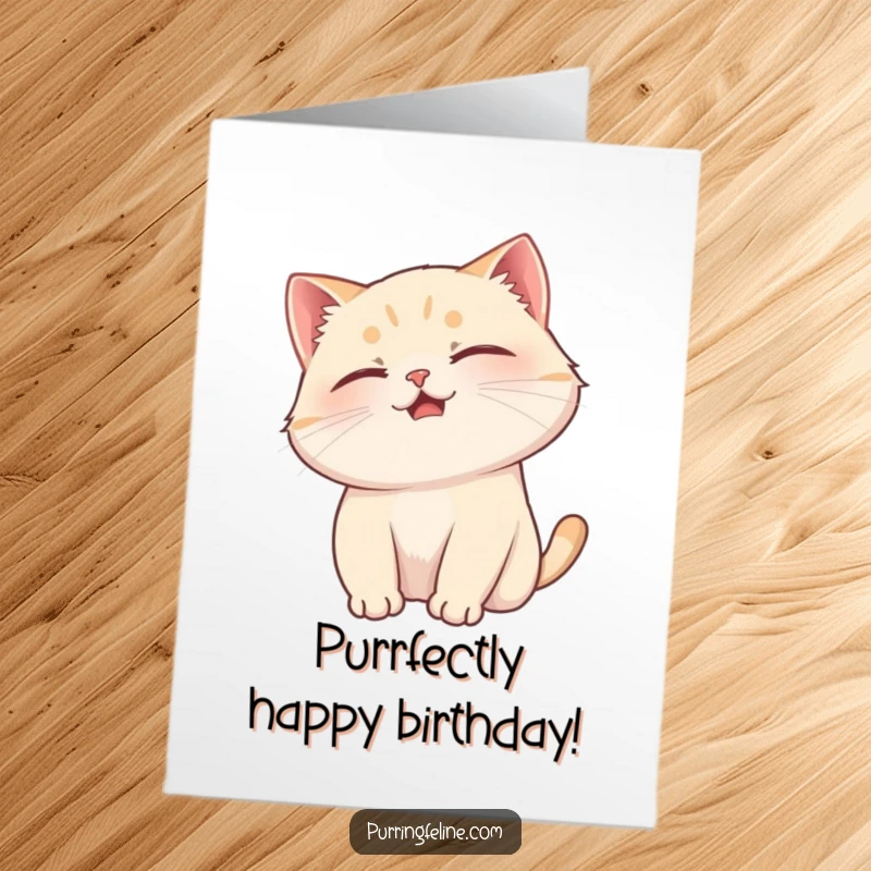 Free printable birthday card showing a purring cat thoroughly enjoying a gentle head scratch with closed eyes.