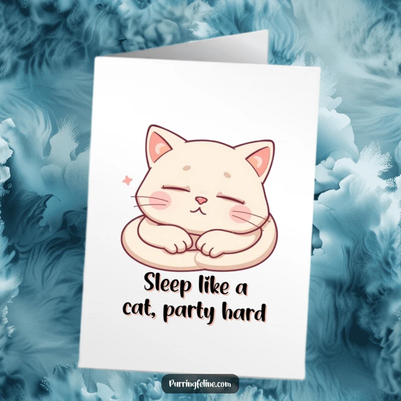Free Printable Birthday Card: Adorable cat sleeping soundly, soft purrs indicated, wishing a peaceful happy birthday.