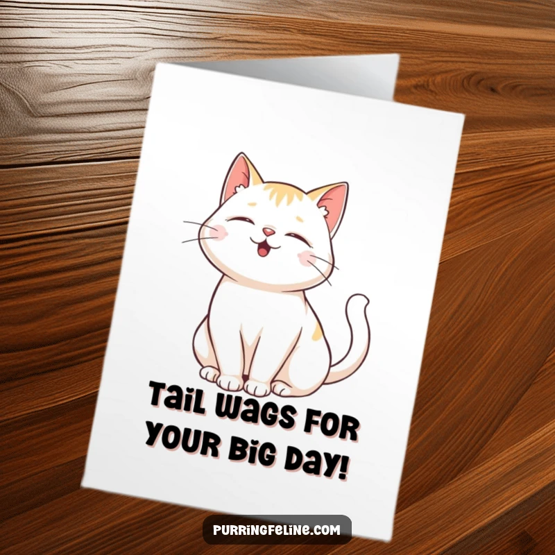 Funny Free Printable Birthday Card: Purring cat with tail gently swaying in contentment, celebrating a birthday. Downloadable and cheerful.