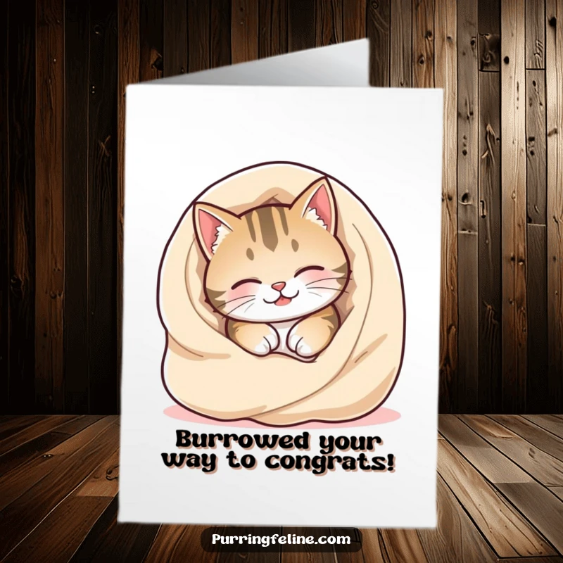 Funny Free Printable Congratulations Card: Cat happily burrowing into a warm, soft blanket, looking utterly content.
