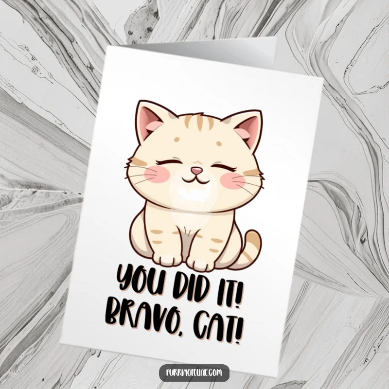 Funny free printable cat congratulations card showing a content cat rumbling with joy over good news.