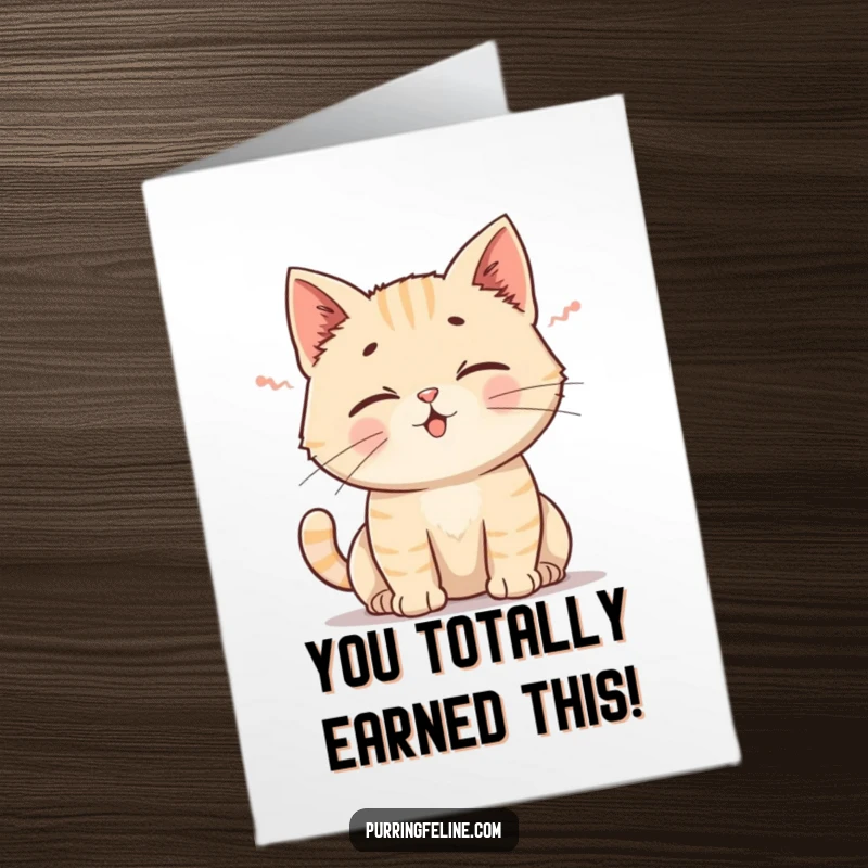 Funny Free Printable Congratulations Card: Cat emitting a gentle rumble, ears perked, celebrating an achievement. Downloadable and charming.