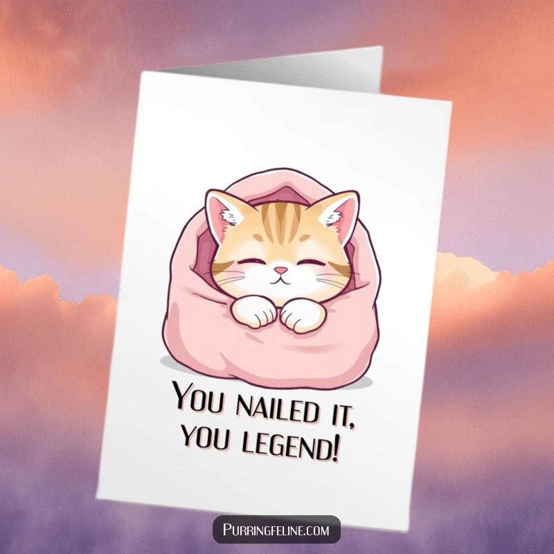 Funny Free Printable Congratulations Card with a content cat resting in a soft blanket, embodying ultimate relaxation and joy.