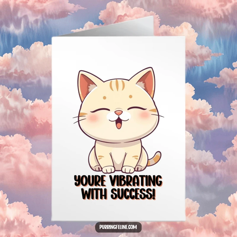 Funny Free Printable Congrats Card: Cat with closed eyes radiating contentment and subtle vibrations.