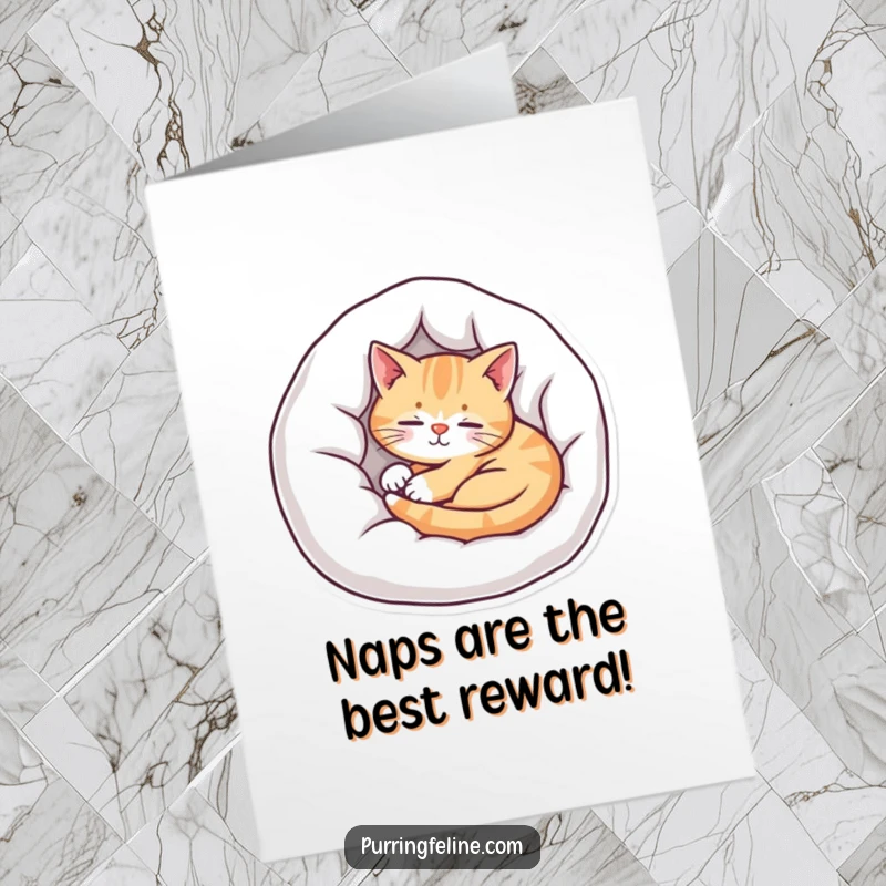 Free printable congratulations card showing a cozy cat resting comfortably in bed, embodying peaceful success.