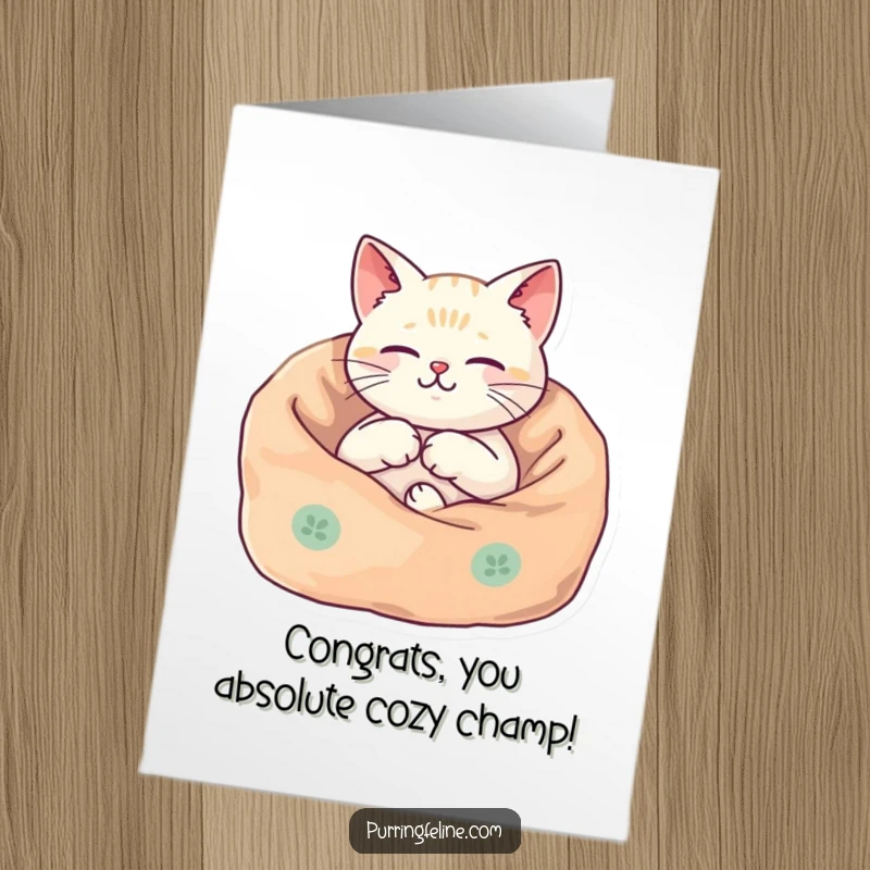 Funny Free Printable Congrats Card: A content cat snuggled in a blanket, its body vibrating harmoniously, celebrating your success.