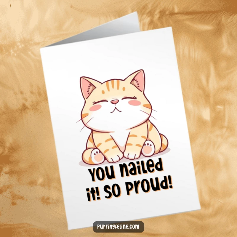 Funny Free Printable Congratulations Card showing a cozy cat rumbling with happiness for an achievement.
