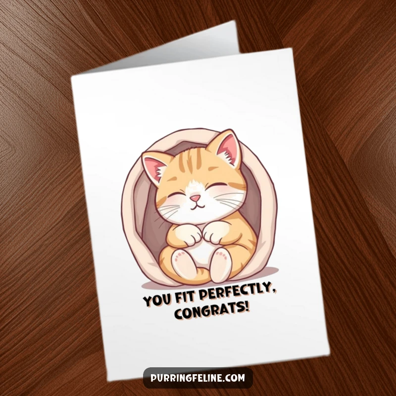 Funny Free Printable Congratulations Card: A purring cat snuggled contentedly into a small, warm space, feeling safe and happy.