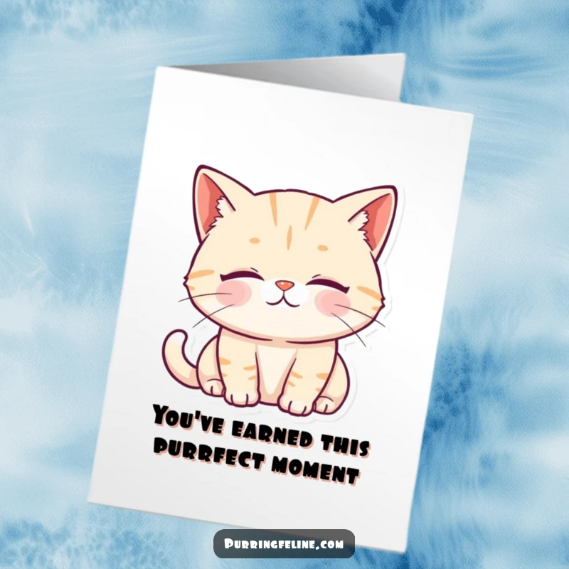 Funny Free Printable Congratulations Card showing a purring cat with serene eyes, offering quiet well wishes for achievements.