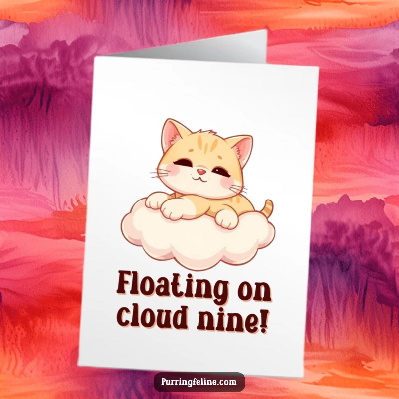 Free printable congratulations card featuring a relaxed cat cub stretched out comfortably on a fluffy, sun-drenched cloud.