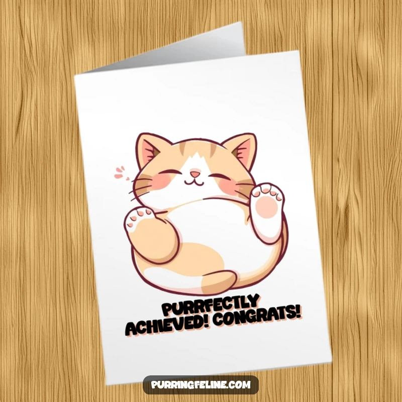 Funny Free Printable Congratulations Card: Delightful cat relaxing on its back, paws kneading air in pure happiness.