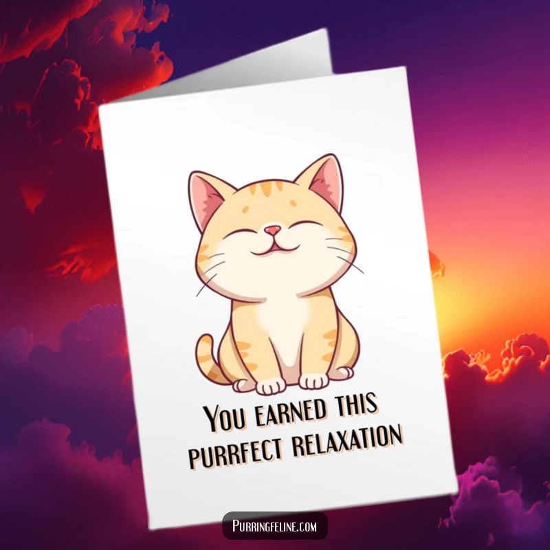 Free Printable Congratulations Card: Relaxed cat with closed eyes, soft purrs indicating calm and successful achievement.