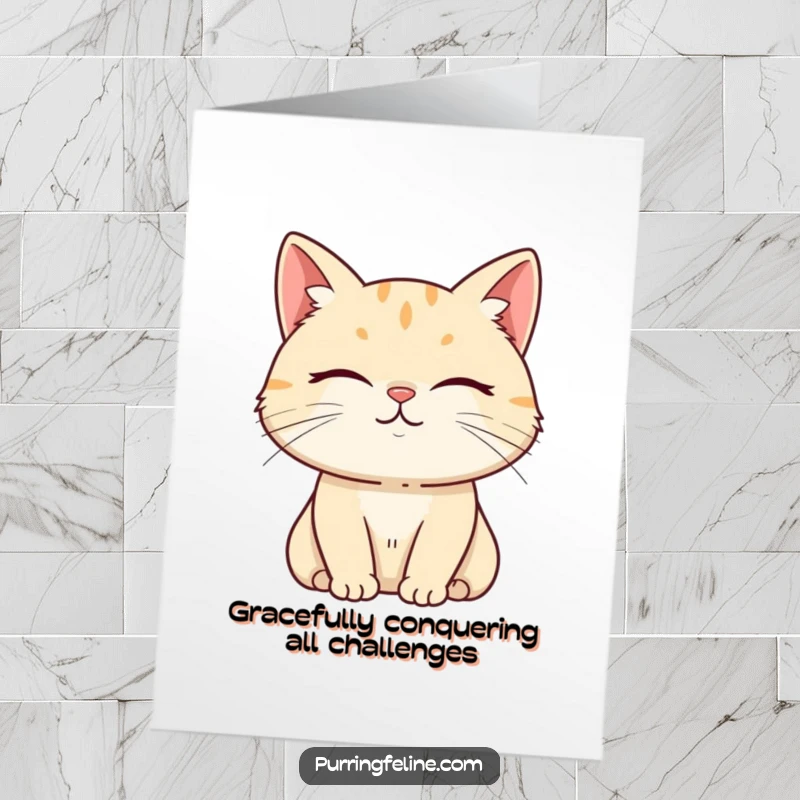 Free Printable Congratulations Card: Calm cat with a content, subtle smile, emanating tranquility and warm congratulations.