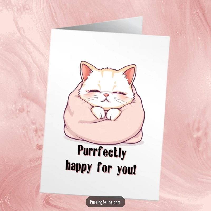Funny Free Printable Congratulations Card: A cat snuggled in a blanket looks incredibly content, audibly purring with happiness. Downloadable coziness.