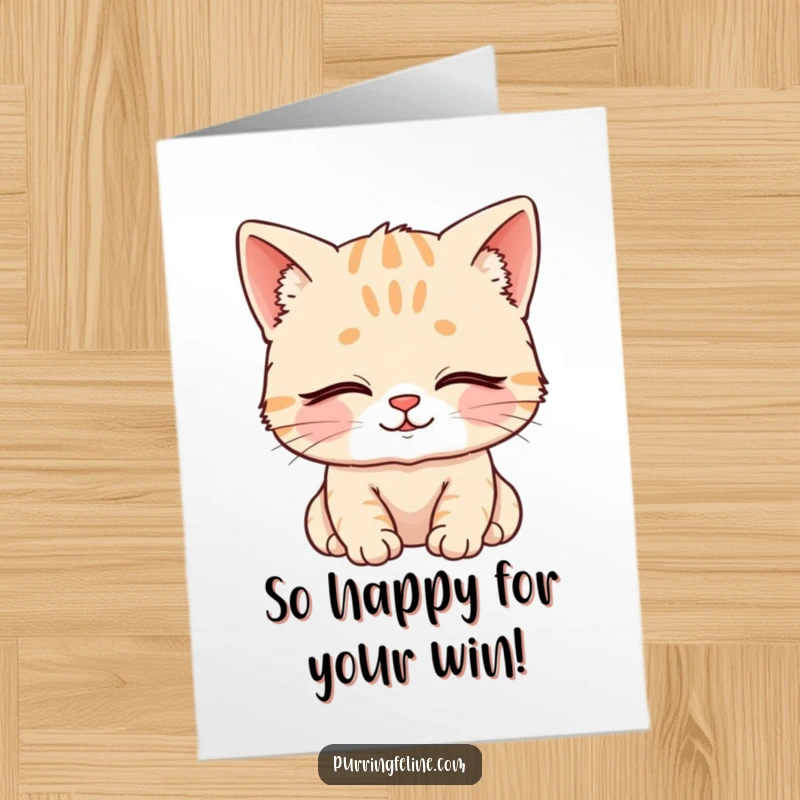 Free printable congratulations card showing a peaceful cat cub with closed eyes and a soft, contented smile.