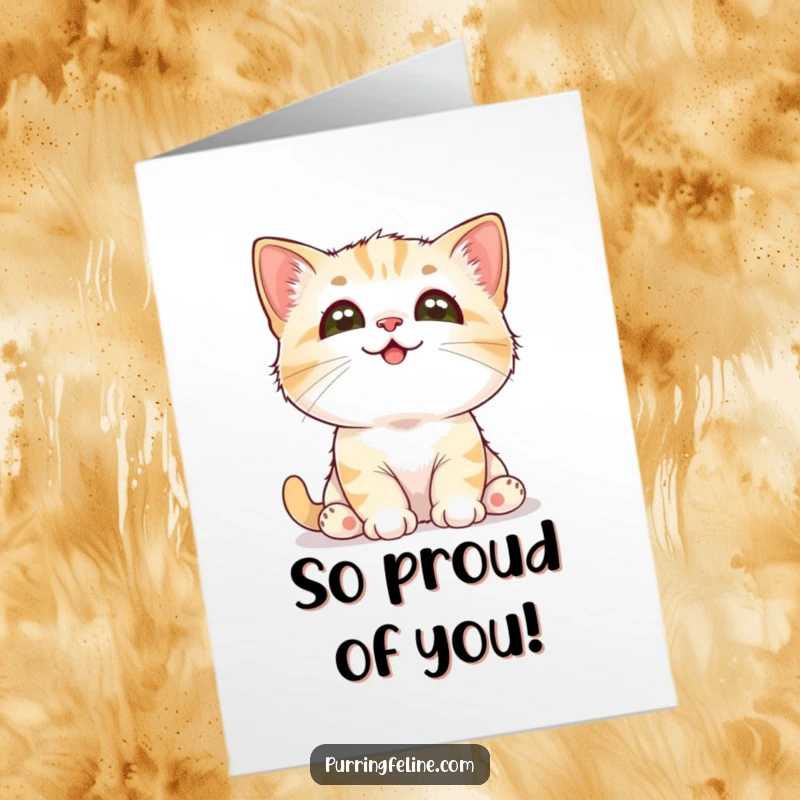 Free Printable Congratulations Card: A charming cat cub gazes upwards with pure adoration and heartfelt admiration.
