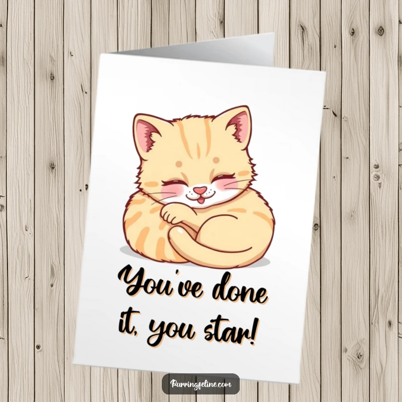 Funny Free Printable Congratulations Card: A tiny, purring cat cub nestled in comfort, celebrating achievements.