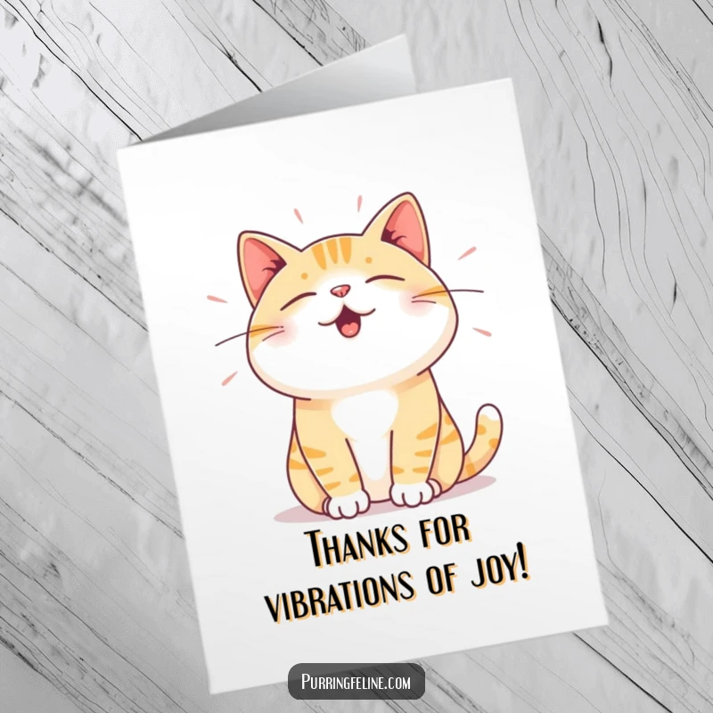 Funny Free Printable Thank You Card: Cat expressing deep satisfaction through subtle vibrations, conveying thanks with a humorous, warm glow.
