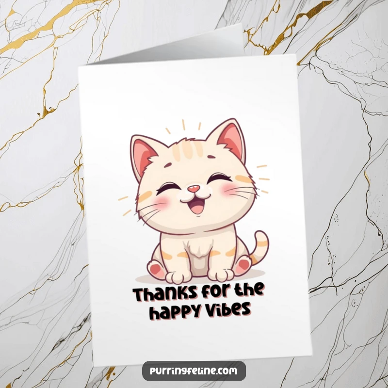 Funny Free Printable Thank You Card: Happy cat cub buzzing with positive vibrations. A downloadable gift.