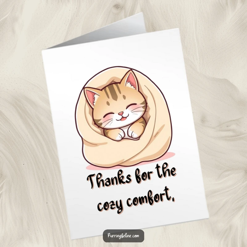 Funny Free Printable Thank You Card: Cat burrowing happily into a soft blanket, embodying pure comfort.
