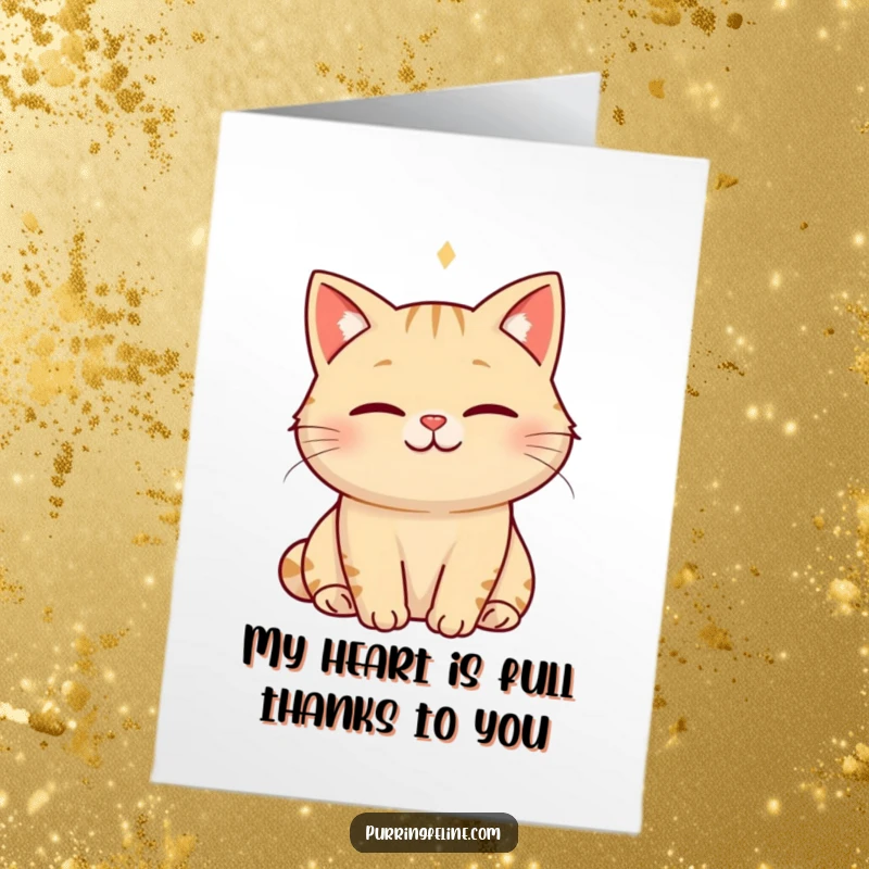 Funny Free Printable Thank You Card: A serene cat with a soft smile and a visible hum of happiness, conveying heartfelt thanks.