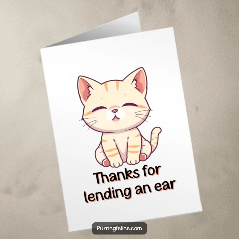 Free Printable Thank You Card: A serene cat cub listens intently, ears perked, offering a focused thank you.