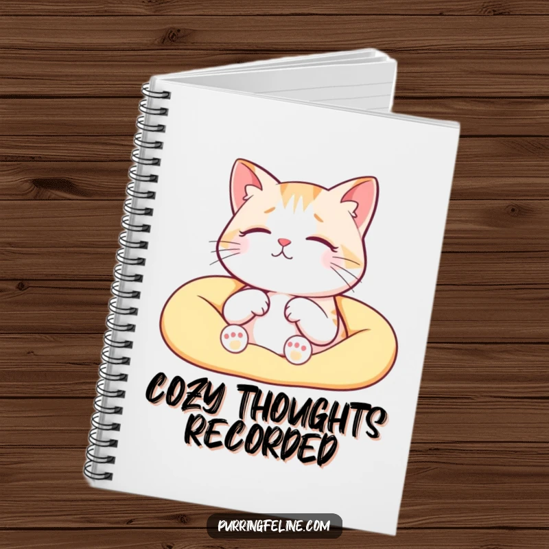 Funny serene cat notebook, a cat purring contentedly in a warm lap, inspiring cozy thoughts and entries.