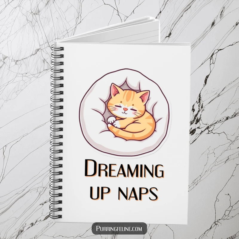 Funny cat notebook cover with a contented cat sleeping in a cozy bed, promoting calm and organized thoughts.