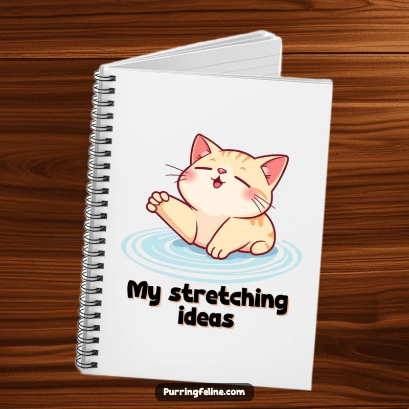 Funny contented cat notebook, featuring a cat stretching with visible purr ripples, ideal for journaling peaceful thoughts.