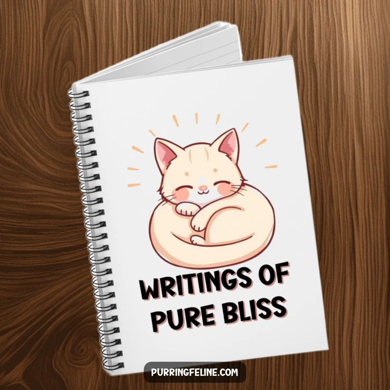 Funny Notebook with a curled cat emitting soft waves of contentment, ideal for writing or journaling peaceful thoughts.