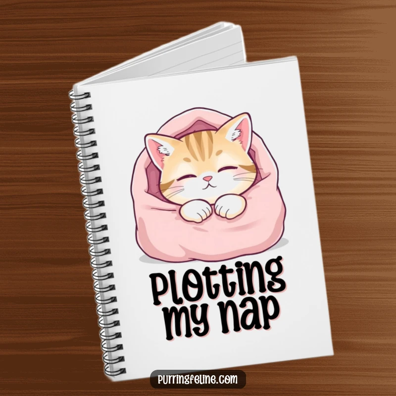 Funny notebook cover featuring a content cat asleep in a blanket, perfect for jotting down notes with a touch of humor.