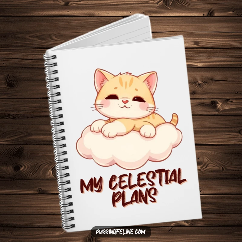 Funny Notebook with a relaxed cat cub on a sunny cloud, ideal for jotting down thoughts with a dreamy, humorous twist.