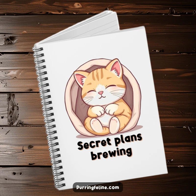 Funny purring cat notebook, a cat purring contentedly while tucked into a small, warm space, inspiring cozy thoughts.