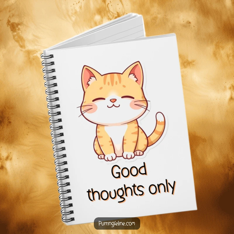 Funny contented cat notebook, a cat with a gentle smile and a twitching tail, inspiring calm thoughts and notes.
