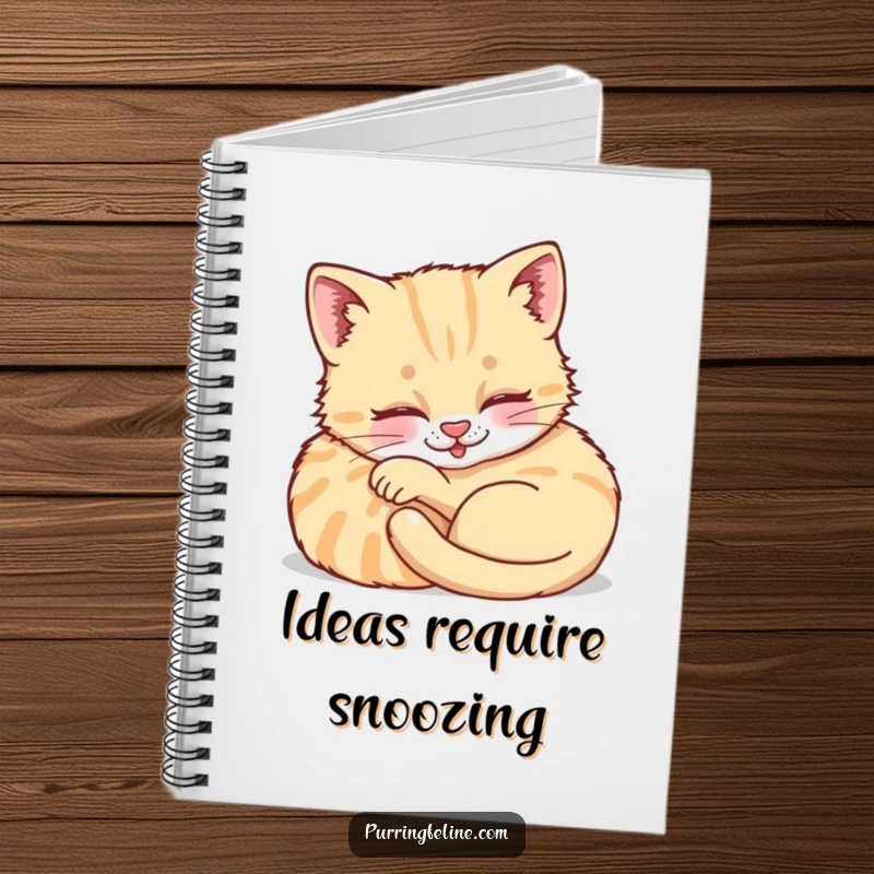 Funny Purring Cat Cub Notebook - a peaceful kitten illustration on a journal, inspiring calm thoughts and note-taking.