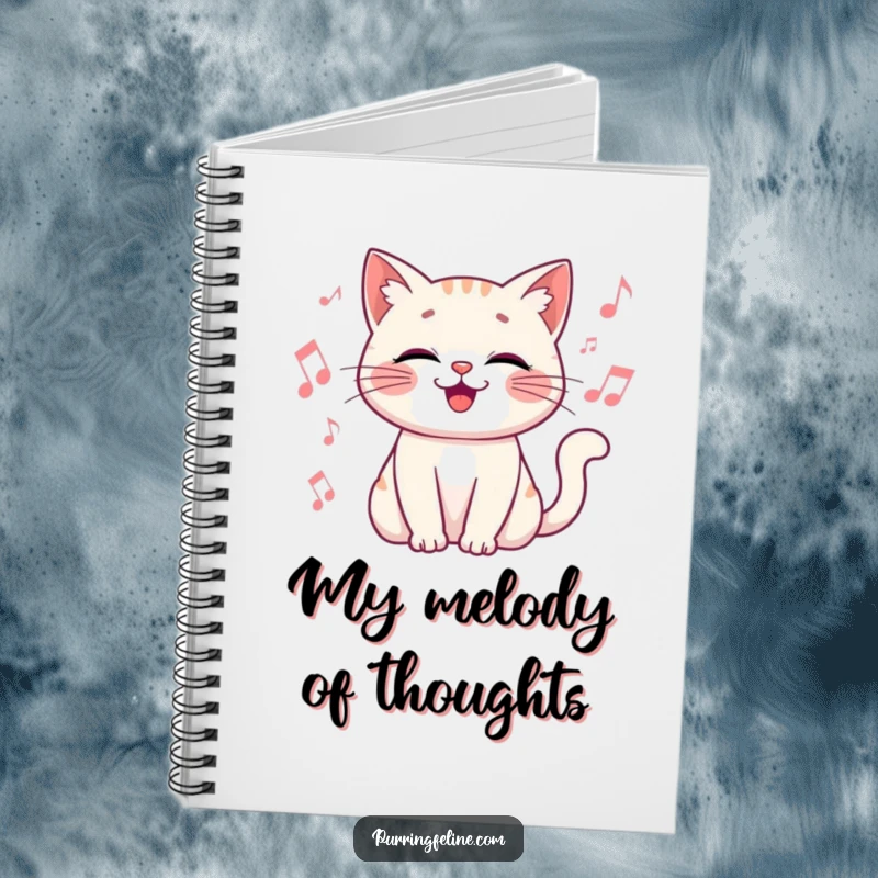 Funny Notebook featuring a happy cat vibrating gently, surrounded by musical notes, perfect for lyric writing.