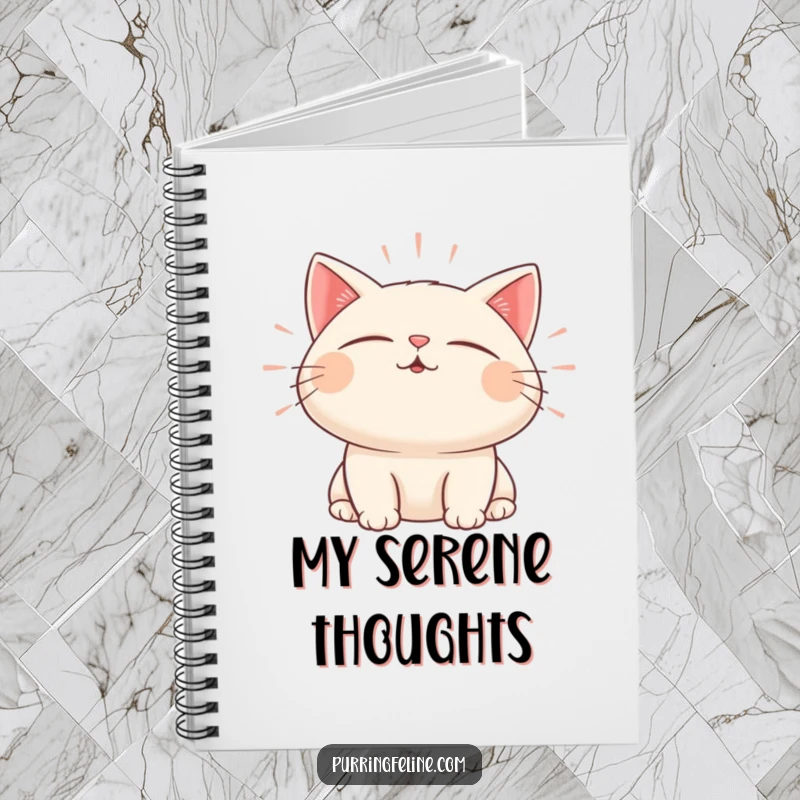 Funny notebook with a content cat character, eyes closed, emitting gentle, pulsating sound waves.