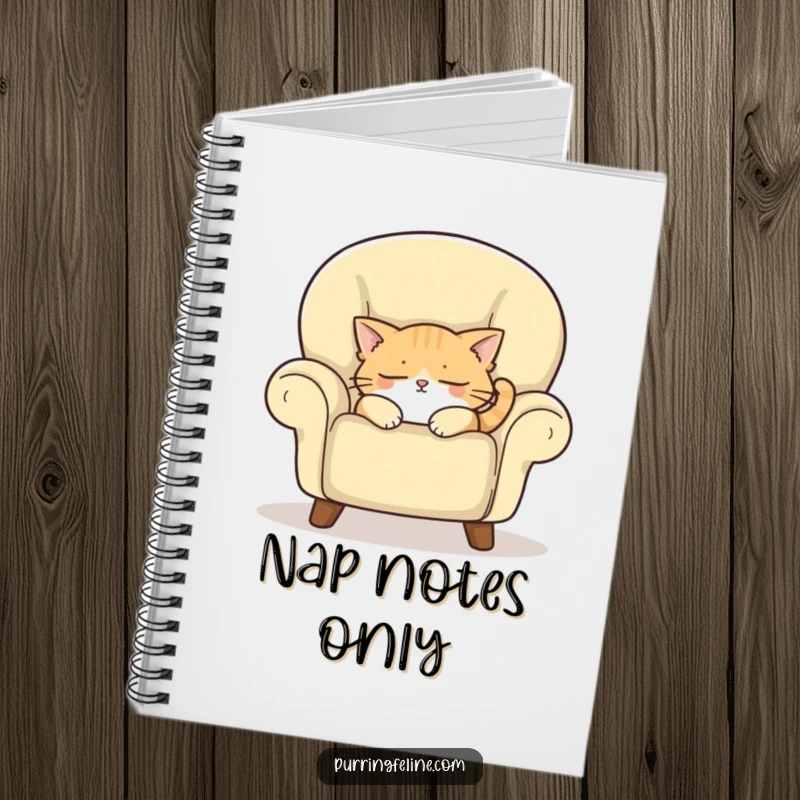 Funny notebook cover featuring a sleepy cat dozing in a cozy armchair, perfect for jotting down notes with a touch of humor.