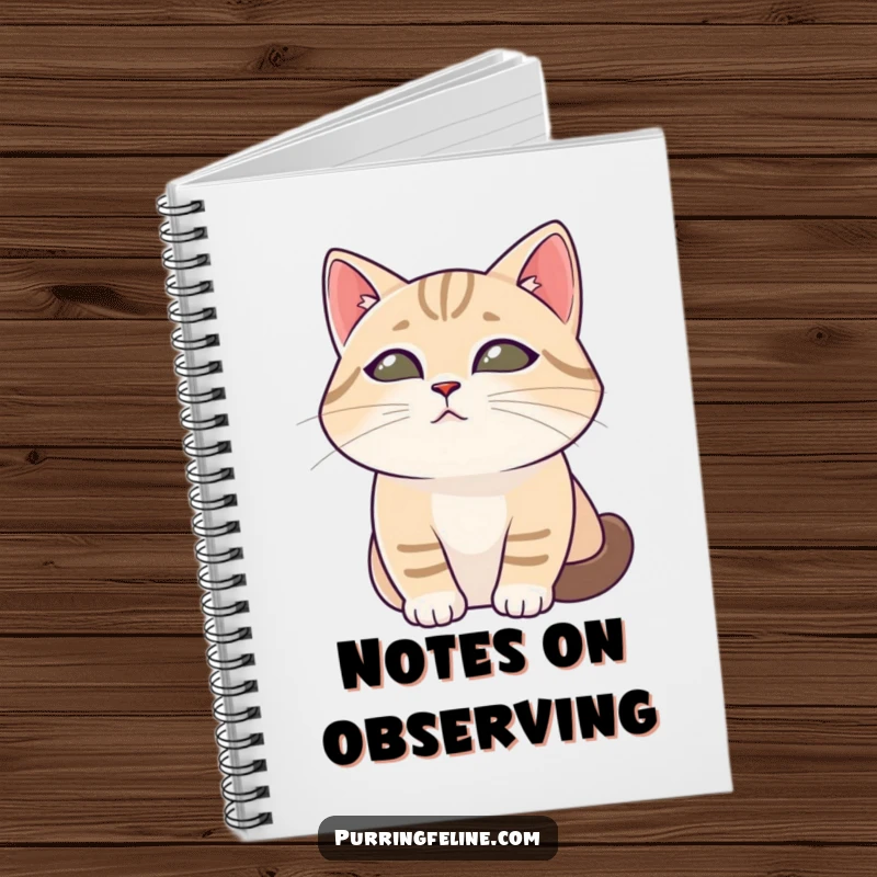Funny cat notebook cover showing a tranquil cat with gentle eyes observing, promoting calm and thoughtful writing.