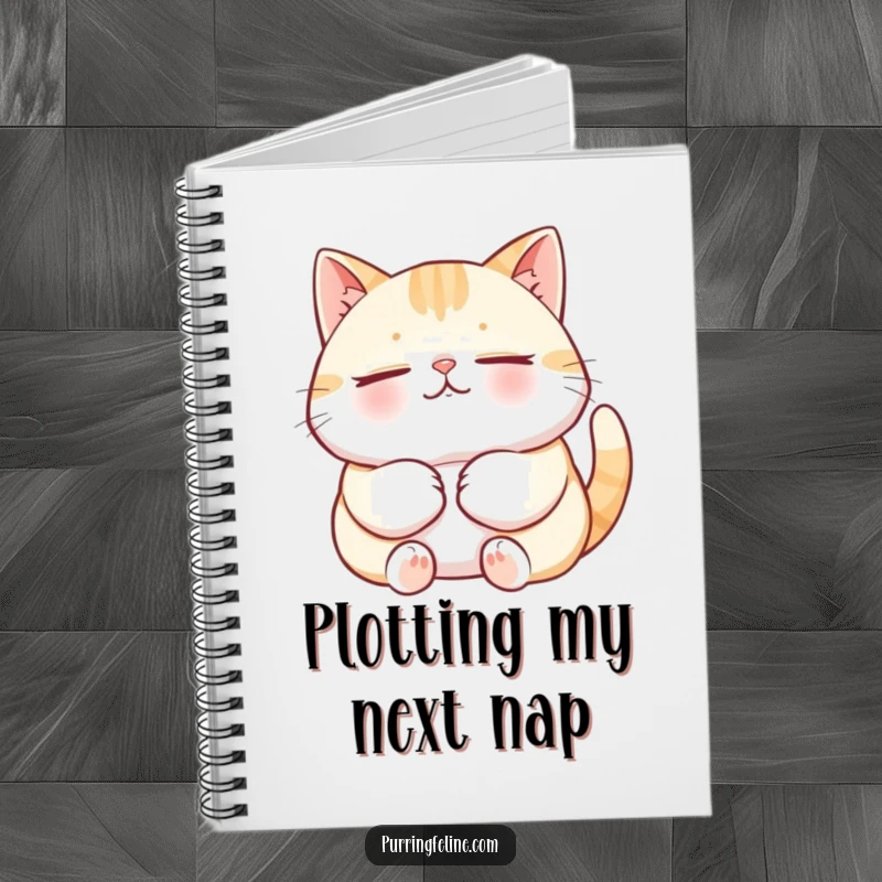 Funny Cat Notebook featuring a relaxed cat purring deeply, embodying pure contentment and offering a humorous space for creative writing.