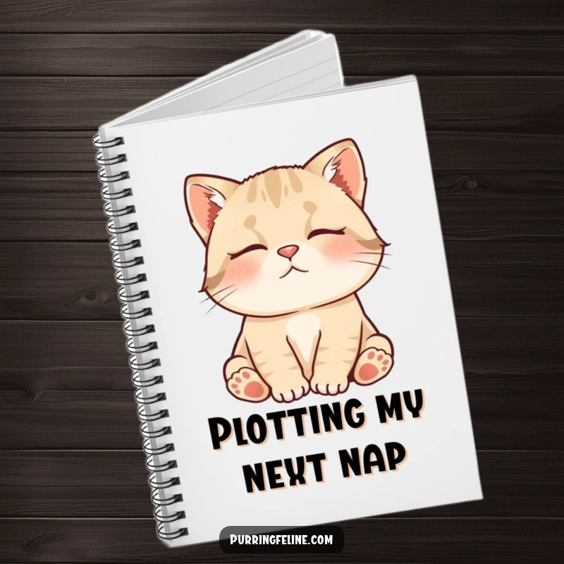Funny Notebook showcasing a contented cat cub murmuring softly, designed for jotting down notes with a peaceful and humorous flair.