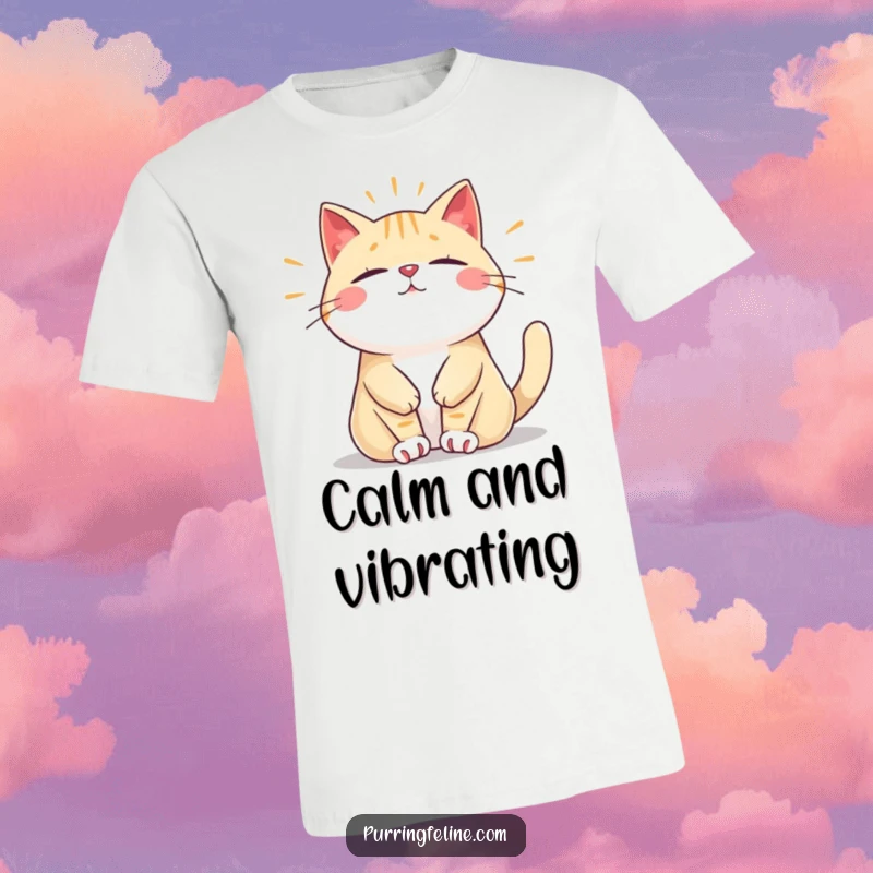 Funny t-shirt featuring a relaxed cat vibrating with a peaceful, steady hum, conveying calmness and serenity, a great gift.