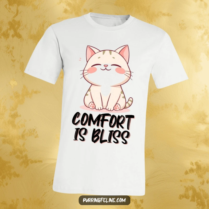 Funny cat t-shirt showing a happy cat releasing a soft sigh, embodying ultimate comfort and contentment.