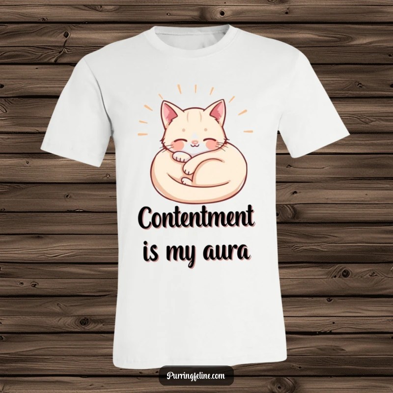 Funny T-Shirt featuring a curled cat with soft waves of contentment radiating outwards, promoting peaceful and relaxed vibes.